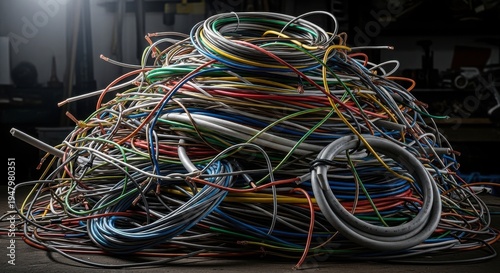 A Large Pile of Tangled Electrical Wires and Cables in a Scrap Heap Displaying Various Colors and Textures
