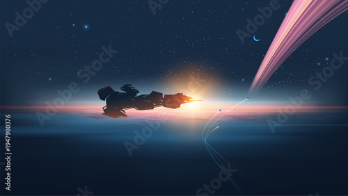Sci-fi vector landscape of a frigate spaceship and fighter escorts patrolling near a ringed planet at sunrise.