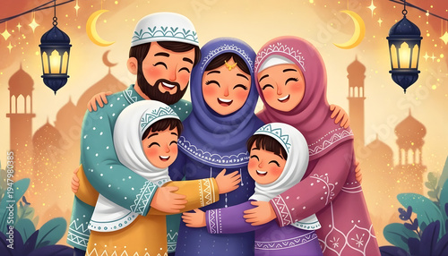 Group of children and adults having fun playing in the snow during eid mubarak together