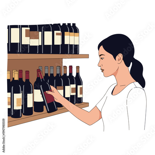 Woman choosing wine bottle from store shelf