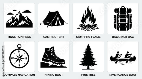 Outdoor Adventure & Camping Vector Icon Set – Nature Vectors Featuring Mountain Peaks, Tents, Campfires, Backpacks, Compasses, Hiking Boots, Pine Trees, and Canoes