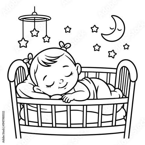 Cute baby sleeping peacefully in a crib with a mobile of moon and stars above.