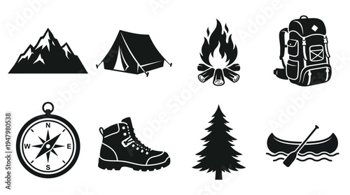 Outdoor Adventure & Camping Vector Icon Set – Nature Vectors Featuring Mountain Peaks, Tents, Campfires, Backpacks, Compasses, Hiking Boots, Pine Trees, and Canoes