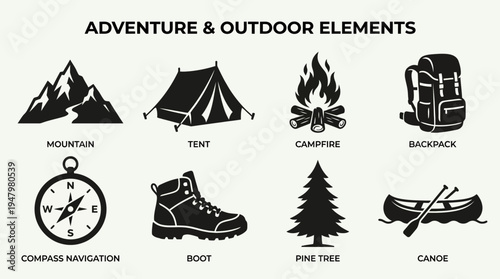Outdoor Adventure & Camping Vector Icon Set – Nature Vectors Featuring Mountain Peaks, Tents, Campfires, Backpacks, Compasses, Hiking Boots, Pine Trees, and Canoes
