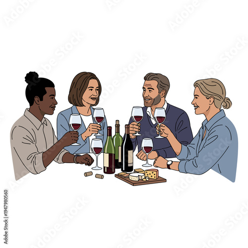 Wine tasting group event with friends drinking red wine