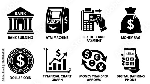 Banking & Finance Vector Icon Set – Financial Vectors Featuring Bank Buildings, ATMs, Credit Card Payments, Money Bags, Dollar Coins, Charts, Transfers, and Digital Banking Apps