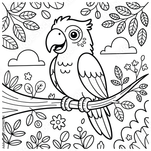 Joyful cartoon cockatoo bird resting on a tree limb, outline for coloring