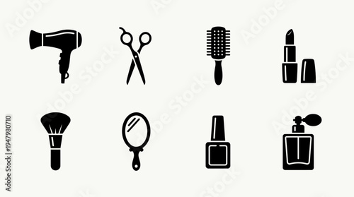 Beauty & Grooming Vector Icon Set – Personal Care Vectors Featuring Hairdryers, Scissors, Hairbrushes, Lipsticks, Makeup Brushes, Mirrors, Nail Polish Bottles, and Perfume Sprays