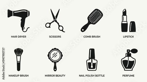 Beauty & Grooming Vector Icon Set – Personal Care Vectors Featuring Hairdryers, Scissors, Hairbrushes, Lipsticks, Makeup Brushes, Mirrors, Nail Polish Bottles, and Perfume Sprays