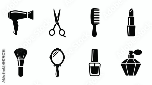 Beauty & Grooming Vector Icon Set – Personal Care Vectors Featuring Hairdryers, Scissors, Hairbrushes, Lipsticks, Makeup Brushes, Mirrors, Nail Polish Bottles, and Perfume Sprays