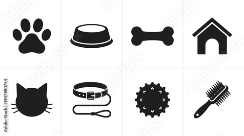 Pet Care Vector Icon Set – Animal Vectors Featuring Dog Paw Prints, Cat Faces, Pet Bowls, Bones, Kennels, Leashes, Toy Balls, and Grooming Brushes
