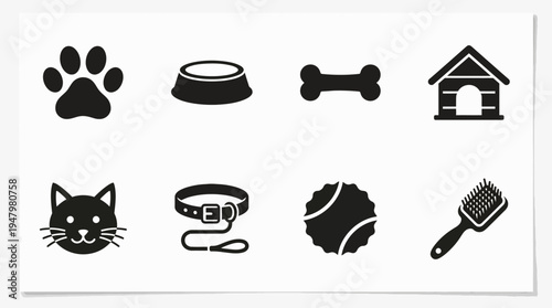 Pet Care Vector Icon Set – Animal Vectors Featuring Dog Paw Prints, Cat Faces, Pet Bowls, Bones, Kennels, Leashes, Toy Balls, and Grooming Brushes