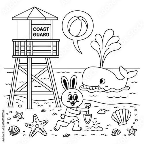 Happy cartoon bunny with shovel on beach near lifeguard tower, whale spouting water.