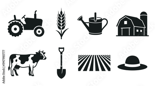 Farming & Agriculture Vector Icon Set – Rural Industry Vectors Featuring Tractors, Wheat Plants, Barns, Cows, Crop Fields, Watering Cans, Shovels, and Farmer Hats