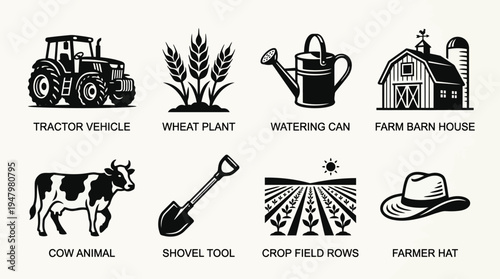 Farming & Agriculture Vector Icon Set – Rural Industry Vectors Featuring Tractors, Wheat Plants, Barns, Cows, Crop Fields, Watering Cans, Shovels, and Farmer Hats