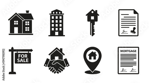 Real Estate Vector Icon Set – Property Transaction Vectors Featuring Houses, Apartments, Keys, Contracts, For Sale Signs, Location Pins, Agreements, and Mortgage Documents