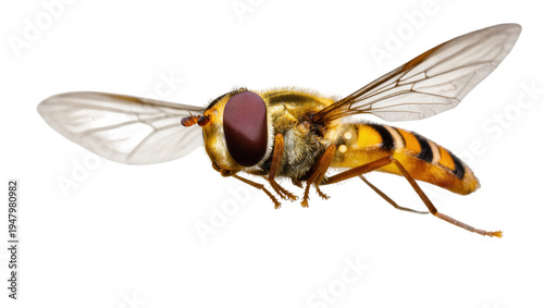 Isolated hoverfly in flight, vibrant yellow and black striped body, insect mimicking a bee