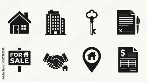 Real Estate Vector Icon Set – Property Transaction Vectors Featuring Houses, Apartments, Keys, Contracts, For Sale Signs, Location Pins, Agreements, and Mortgage Documents