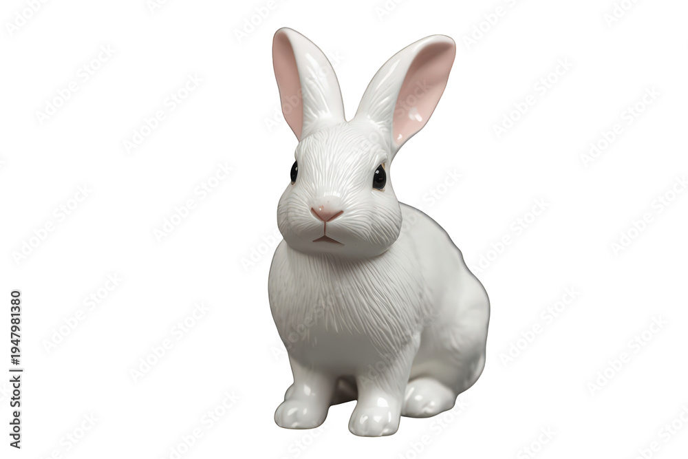 Obraz premium White ceramic rabbit figurine with pink ears, symbolizing easter and spring holidays, isolated on transparent background