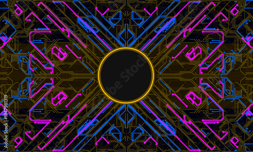 Digital Data moving on Circuit Board and CPU loop backgrounds. Computer Processing and organizing data. Abstract high tech Artificial intelligence (AI), data mining, neon glow pcb place for text 