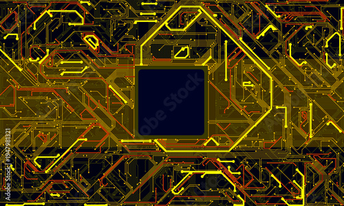 Digital Data moving on Circuit Board and CPU loop backgrounds. Computer Processing and organizing data. Abstract high tech Artificial intelligence (AI), data mining, neon glow pcb place for text 