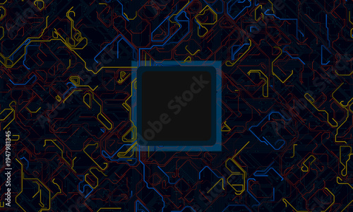 Digital Data moving on Circuit Board and CPU loop backgrounds. Computer Processing and organizing data. Abstract high tech Artificial intelligence (AI), data mining, neon glow pcb place for text 