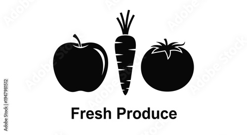 Simple black and white icon graphic featuring an apple carrot and tomato silhouette above the words fresh produce perfect for food branding.