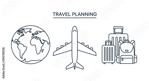 Simple black and white line art illustration visually representing essential elements required for organizing and executing international travel plans including a globe an airplane and packed luggage 