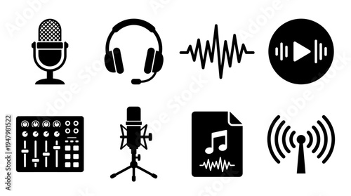 Audio & Broadcasting Vector Icon Set – Digital Media Vectors Featuring Microphones, Headsets, Waveforms, Play Buttons, Mixers, MP3 Files, Radio Towers, and Sound Notifications