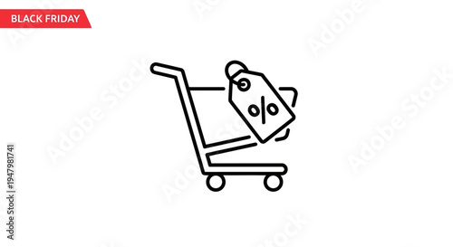 Black Friday Shopping Cart Icon with Discount Tag and Percentage Symbol