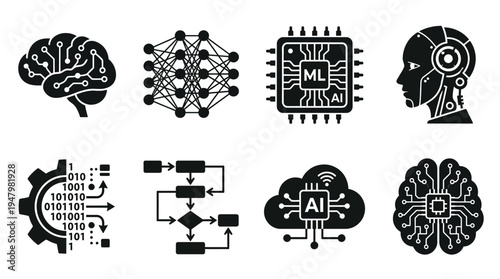 Artificial Intelligence Icons for Neural Networks and Digital Systems