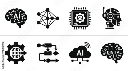 Artificial Intelligence Icons for Neural Networks and Digital Systems