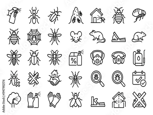 Pest Control Icon Set for Exterminator Service Insect Prevention Bug Disinfection Chemical Spray Rat Trap Outline Vector Illustration Bundle for Business