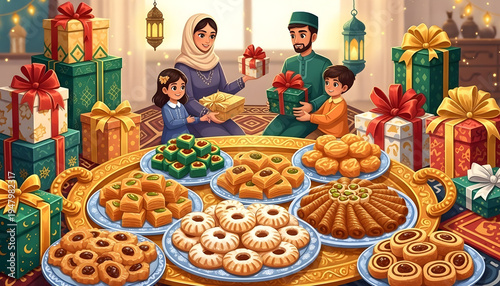 Colorful easter eggs in a basket at a festive market with christmas tree decorations and holiday food displays