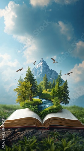 Open book displaying mountain landscape and forest with birds
