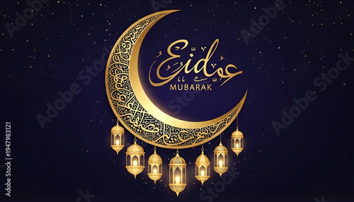 Eid Mubarak greeting card with mosque vector design and decorative gold frame