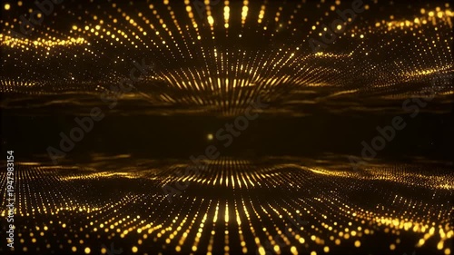 Golden particles form a shimmering, abstract landscape of light and motion.