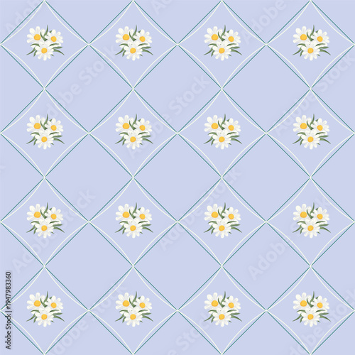 Seamless floral pattern with white daisy flowers arranged in diamond check layout on lavender background. Spring decorative repeat for textile and print.