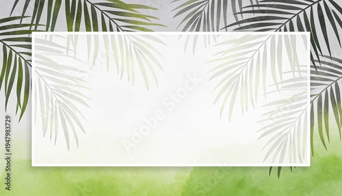 White rectangular frame on watercolor background with green palm leaf. Decorative border for Palm Sunday greeting card. Floral template for Easter holiday and religious celebration.