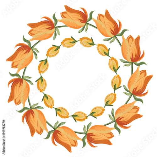 Vector double wreath of yellow and orange tulips on white background. Floral spring frame for wedding, holiday card, invitation and festive design.