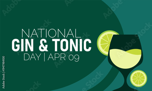 National Gin & Tonic Day Illustration with Stylized Cocktail Glass and Fresh Lime Slices on Green Background with Alcoholic Drink