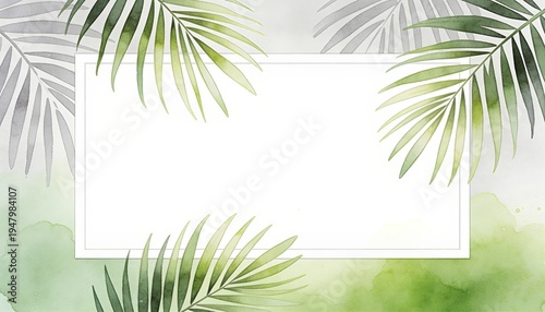 Watercolor palm leaf frame with central white empty space for text. Palm Sunday religious holiday background. Greeting card template with tropical plant illustration for Easter design.