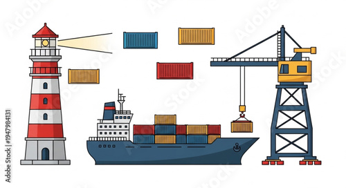 Maritime Trade Scene - Lighthouse, Cargo Ship, and Crane Illustration.