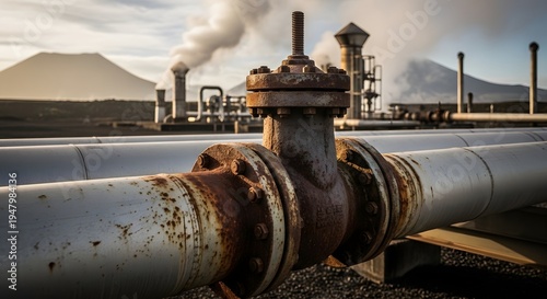 Industrial Pipeline with Valves and Smokestacks.