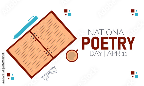 National Poetry Day Celebration with Open Notebook, Pen, Coffee Cup, and Glasses on White Background Vector Illustration