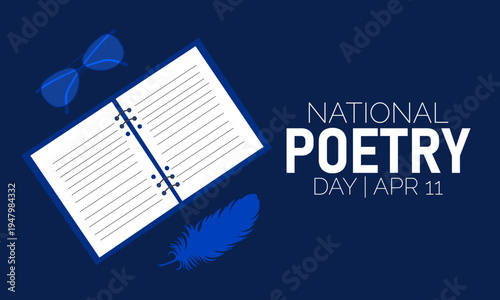 National Poetry Day Flat Illustration with Open Notebook, Sunglasses, and Feather on Deep Blue Background - April 11th