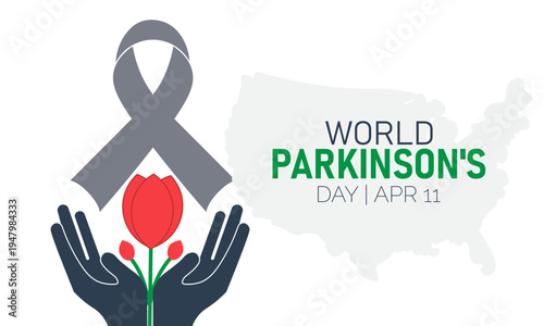 World Parkinson's Day Awareness: Grey Ribbon, Red Tulip, Cupped Hands, and USA Map on White Background Vector, Parkinsons Day