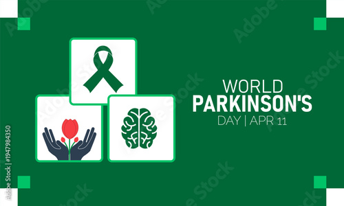 World Parkinson's Day Awareness: Green Ribbon, Hands Holding Tulip, Brain Icon on Green Background Vector Art, Red Tulip