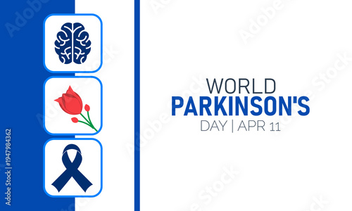 World Parkinson's Day Icons: Brain, Tulip, Awareness Ribbon on Blue and White Background for April 11th Campaign, Brain Icon