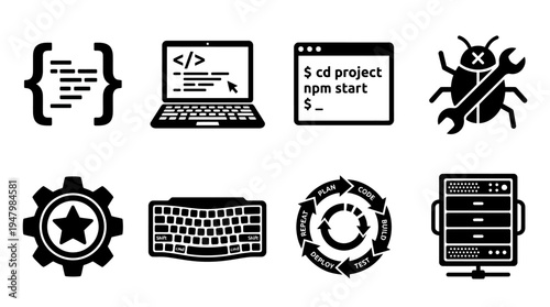 Software Development Icons for Coding, Debugging, and Deployment Processes